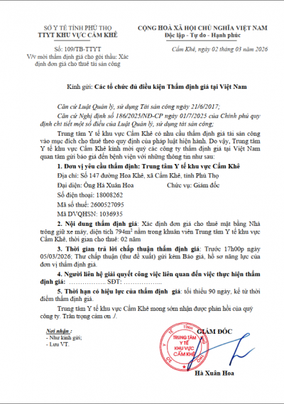 Mời thẩm định giá cho gói thầu: Xác định đơn giá cho thuê tài sản công