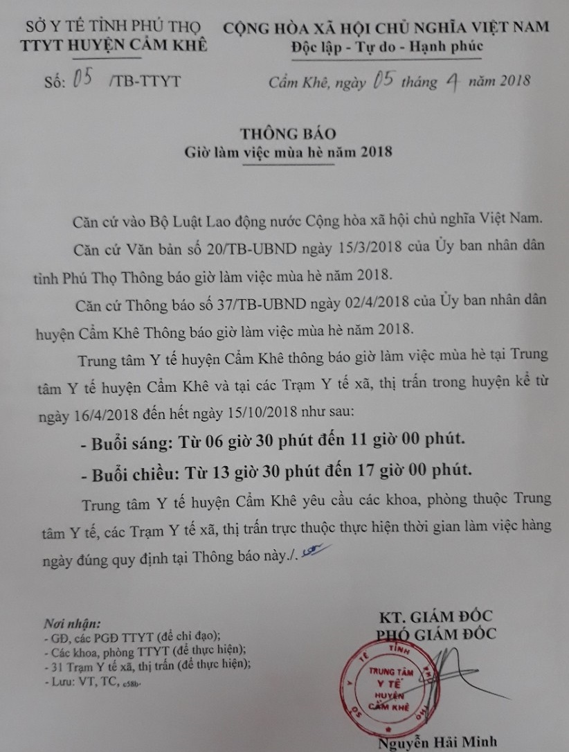 Thông báo giờ làm việc mùa hè năm 2018