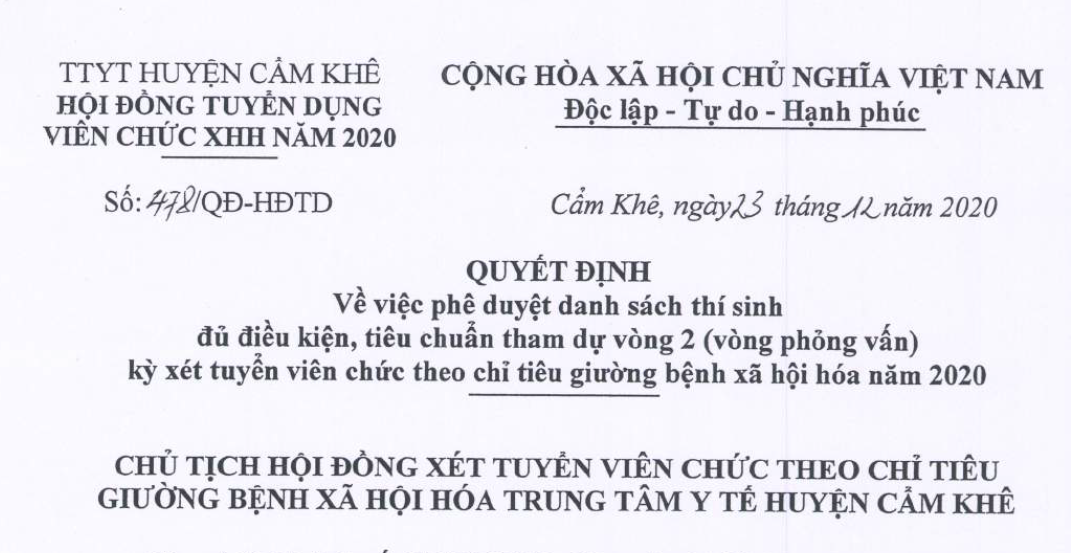 Danh sách thí sinh đủ điều kiện tham dự vòng 2 (vòng phỏng vấn) kỳ thi xét tuyển viên chức theo chỉ tiêu giường bệnh xã hội hoá năm 2020