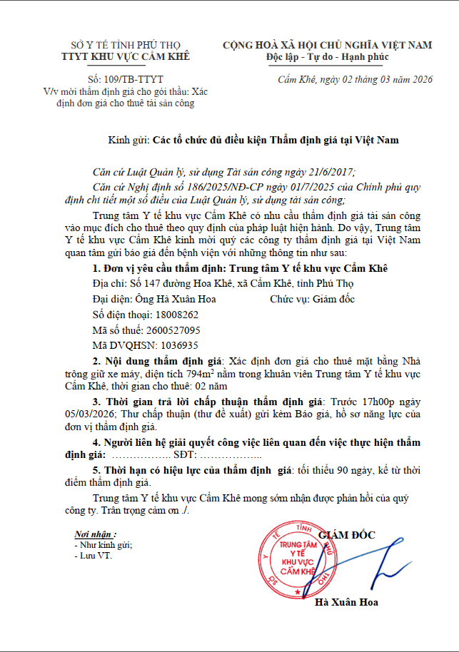 Mời thẩm định giá cho gói thầu: Xác định đơn giá cho thuê tài sản công