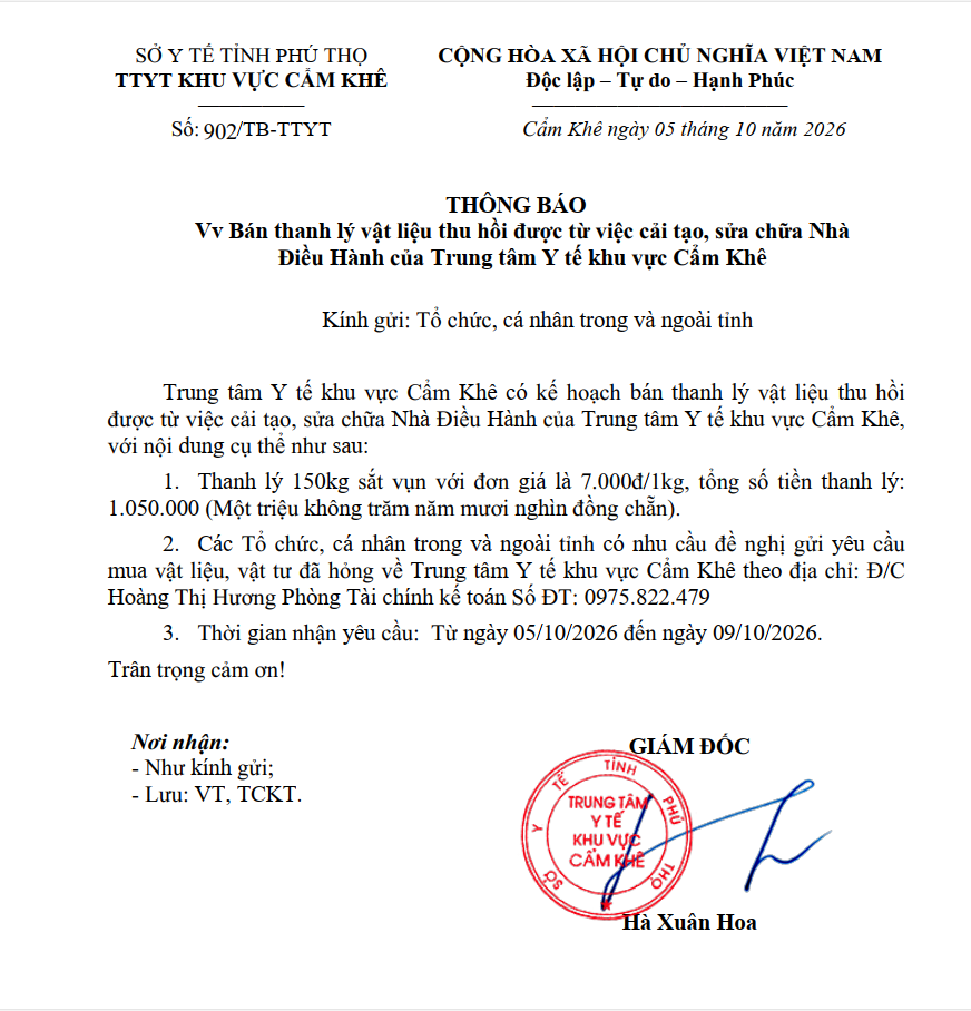 Bán thanh lý vật liệu thu hồi từ việc cải tạo, sửa chữa Nhà Điều hành của Trung tâm Y tế khu vực Cẩm Khê