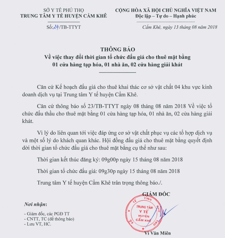 Thông báo thay đổi thời gian tổ chức đấu giá cho thuê mặt bằng