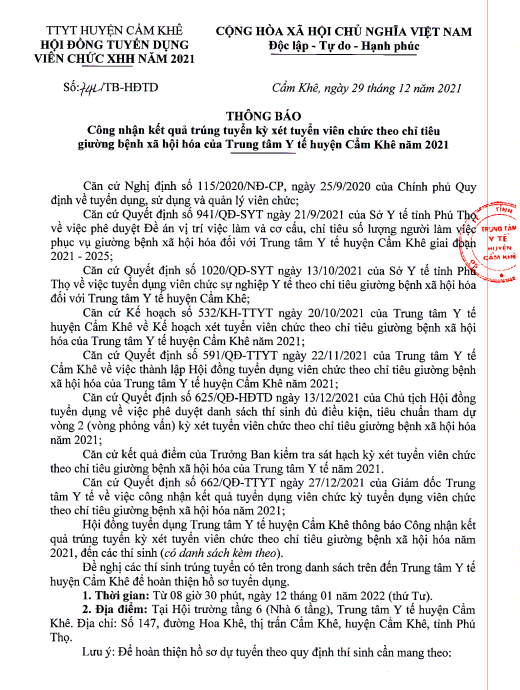 Trung tâm y tế huyện Cẩm Khê công nhận kết quả trúng tuyển viên chức